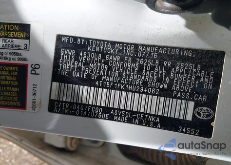 2017 Toyota Camry Le z USA, uszkodzony, nr VIN 4T1BF1FK1HU294062